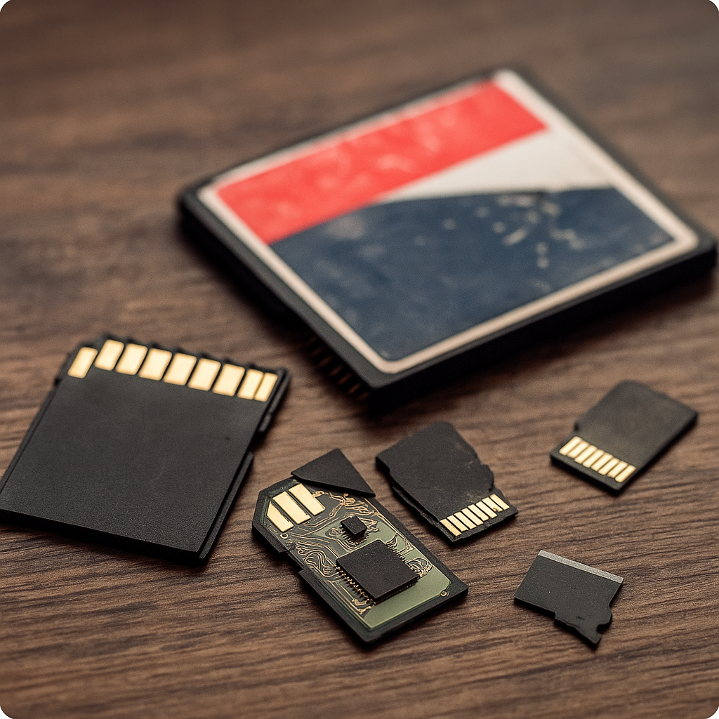 Flash memory cards spread out on table, labeled for recovery