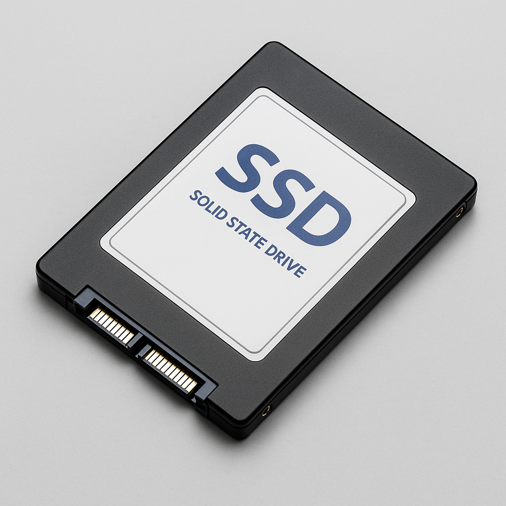Solid-state drive on table with SSD label visible