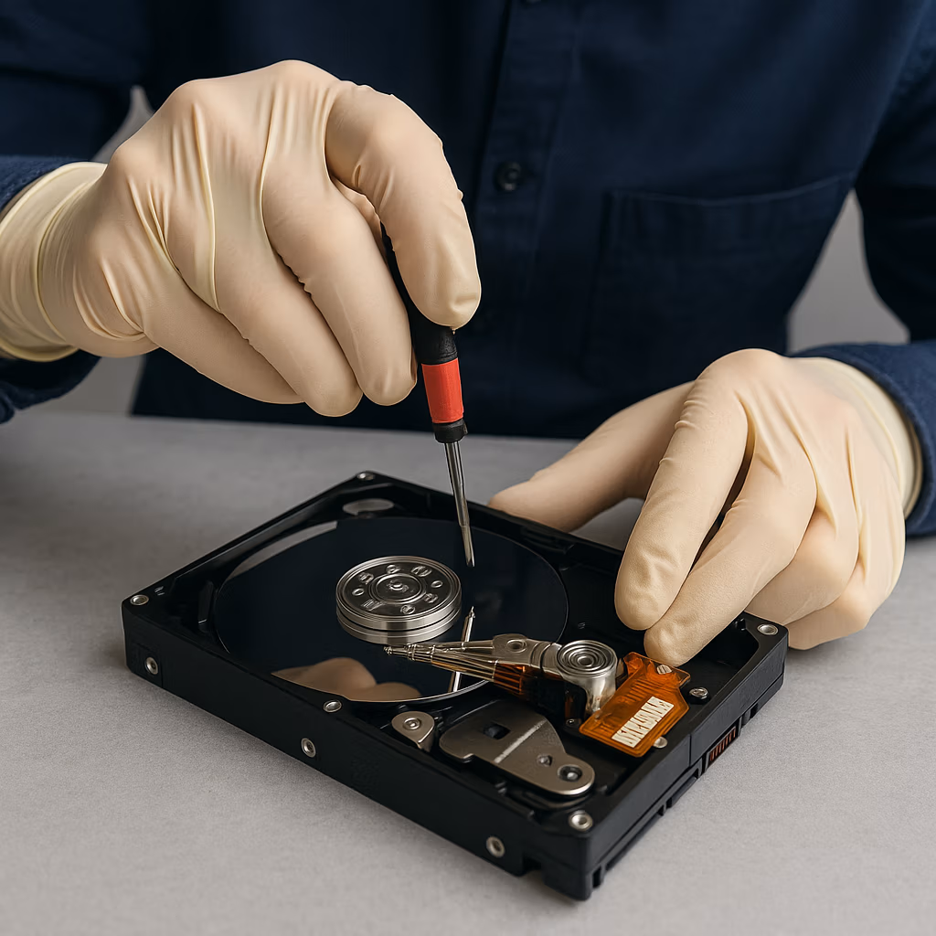 Technician repairing hard drive in certified clean lab