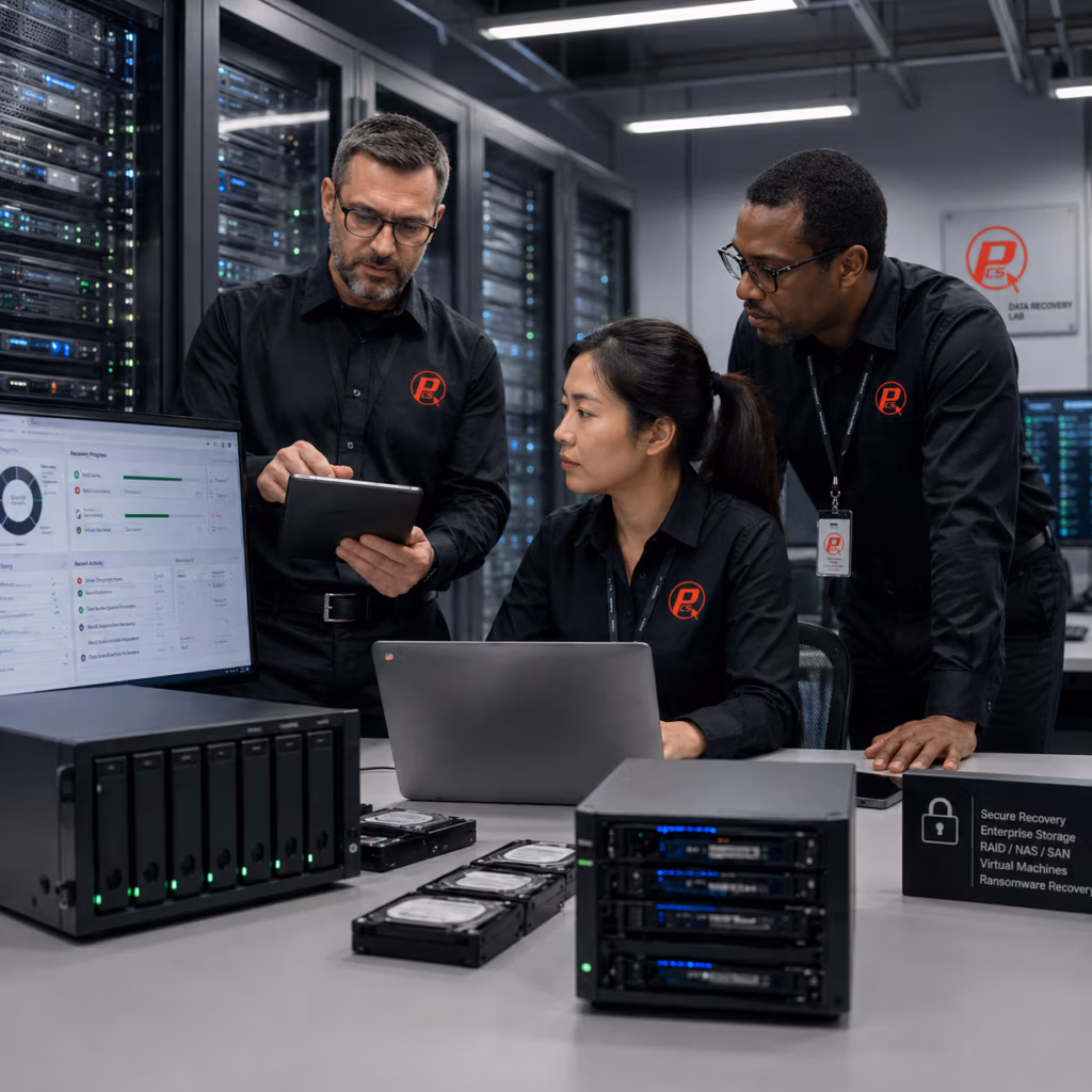 Business data recovery team working on servers RAID and NAS systems