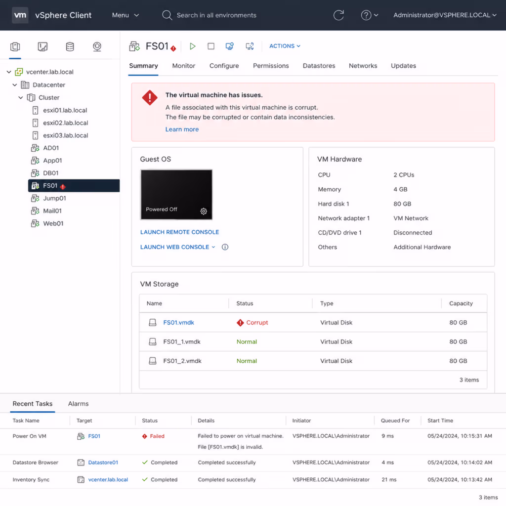 Data recovery from corrupt VM
